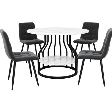 5-teiliges rundes Esstisch-Set 80 cm MDF Marmor mit 4 grauen Samtstühlen (1/5)