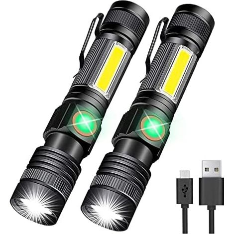 Lot de 2 lampes torches LED rechargeables USB, lampe torche tactique ultra-lumineuse de 2000 lumens avec base magnétique, éclairage latéral COB, zoomable, étanche IP65, petite lampe torche de camping (1/5)