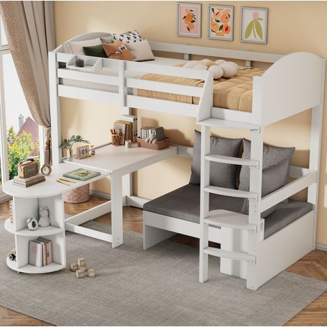 MODFU – Lit mezzanine enfant 90x200 cm bois – Bureau coulissant et canapé avec rangement – Étagères latérales – Blanc (1/5)
