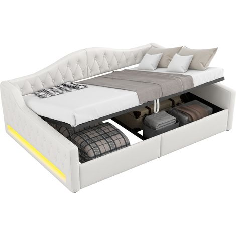 Letto Divano 140 x 200 cm in MDF con Contenitore, LED Regolabile e Testiera Imbottita, senza Materasso, Beige (1/5)