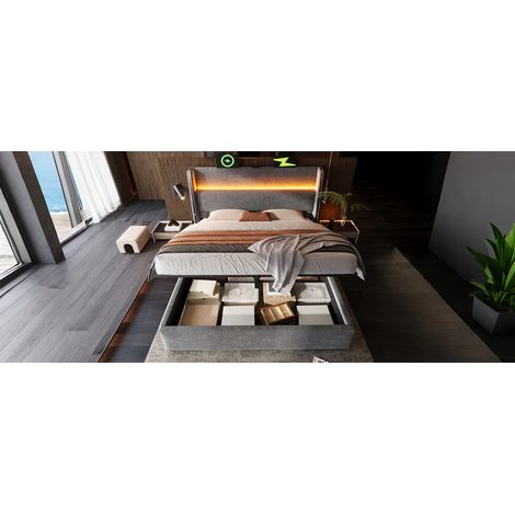 Bett mit Stauraum Leinen Grau 140x200 cm, hydraulisch, mit LED-Beleuchtung, USB/Type-C und Lattenrost