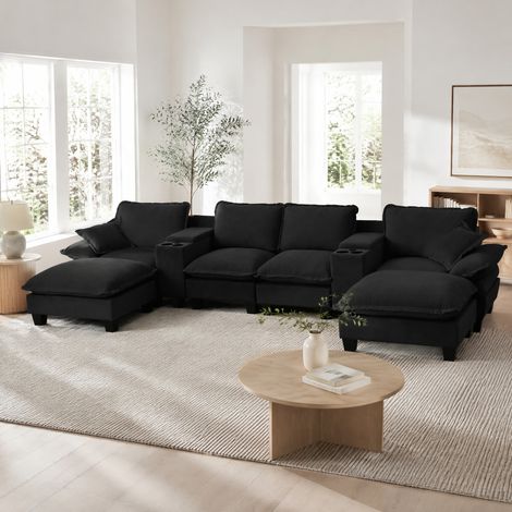 DESMIU Canapé Modulaire Nuage avec Rangement, Ports USB et Porte-Gobelets, en Chenille Noir, 392 × 155 × 90 cm (1/5)