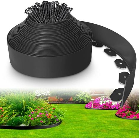 Bordure de jardin extérieure 20M en plastique noir – 60 piquets inclus – Flexible et résistante aux intempéries – Installation rapide