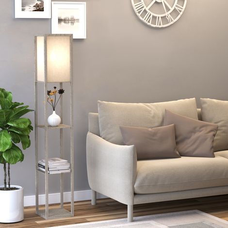 Stehlampe mit 3 Regalböden, E27, bis 40 W, 26 x 26 x 160 cm, weiß und Eicheffekt HAVRYA (1/5)