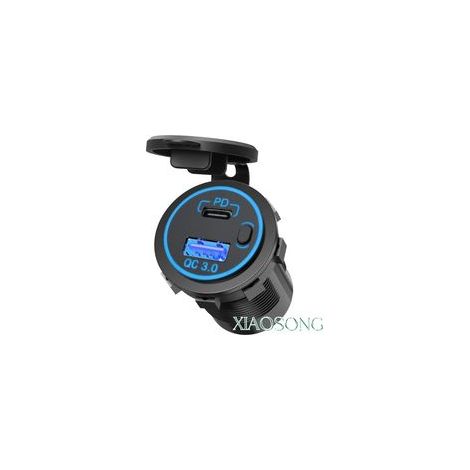 Toma de mechero USB doble para coche, barco y camión, 12V 24V 36W PD Tipo-C + carga rápida QC3.0, botón de inicio, anillo LED azul