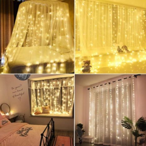 Guirlande LED Rideau USB 3x3M 300 LED + Télécommande - Blanc Chaud - SILAMP (1/2)