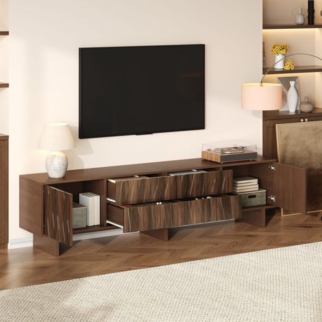 Mueble TV con 4 Cajones y 2 Puertas, Diseño Ondulado, para Salón, 180 × 40 × 56 cm, para TV hasta 75 Pulgadas, Tablero de Partículas, Nogal (1/5)