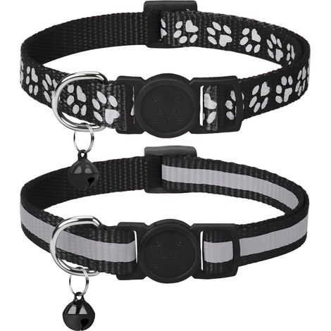 Collier Chat Anti Étranglement, 2 pcs Réglable Réfléchissant Collier pour Chat Chaton Chiot avec Clochette et Boucle de Sécurité, 19-32cm Noir (1/5)