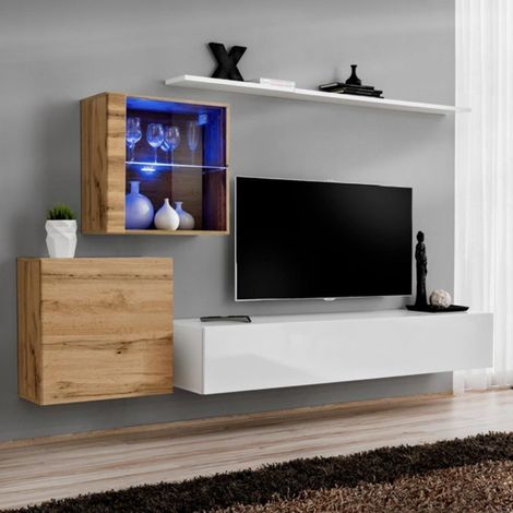 Meuble TV Mural Design "Switch XV" 260cm Blanc & Naturel (1/4)