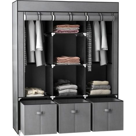 Armadio in tessuto con ante pieghevoli, 5 ripiani, 2 aste appendiabiti e 3 cassetti in tessuto - 125L x 43W x 162,5H cm, grigio (1/4)
