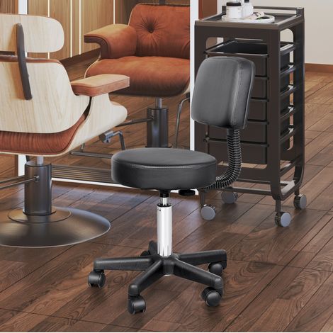 Tabouret de travail avec dossier en similicuir noir, rembourre, hauteur reglable 43-55 cm, 5 roulettes en nylon (1/5)