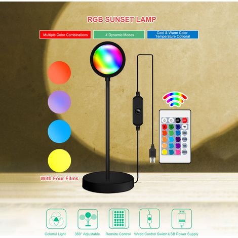 Lampe d'ambiance RVB au coucher du soleil, lumière de projection réglable à 360 °, USB, LED romantiques, nuit avec télécommande pour selfie, salon, fête à thème, décoration de chambre à coucher (1/5)