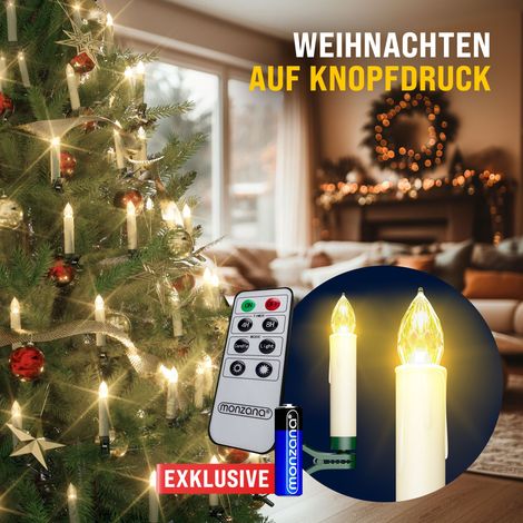 MONZANA® Christbaumkerzen LED Kabellos 20/30/40er Set Batterie mit Timer Fernbedienung Echtwachs Lichterkette Weihnachten Flackernd Warmweiß