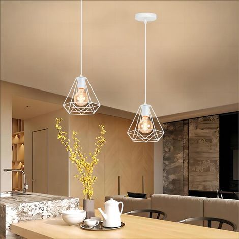 E27 Metal Lámparas de Colgar Industrial Vintage Lámpara de Techo Iluminación Jaula de Diamante para Dormitorio Comedor Blanc 2PCS (1/5)