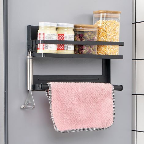 Étagère à épices avec porte-rouleau – Étagère murale magnétique en acier inoxydable, sans perçage, avec 4 crochets pour la cuisine et la salle de bain, noire