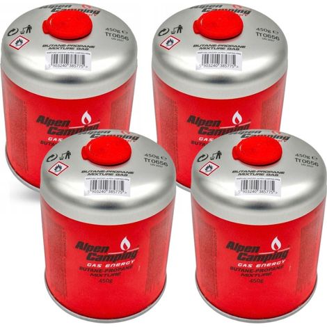 Pack 4 Cartouches de gaz 450g Butane propane Valve 7/16 EN417 Réchaud Brûleur Lampe Grill Alpen Camping (1/5)