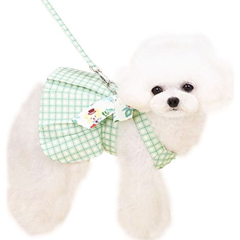 1 robe pour chien, carreaux verts, coton léger, avec harnais intégré et laisse assortie, nœud floral amovible, taille S à XL (1/5)
