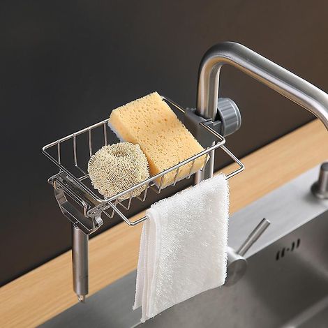 Küchenschwamm- und Bürstenhalter – Edelstahl, rostfrei, wasserdicht, bohrfreier Spülbeckenorganizer (1/4)