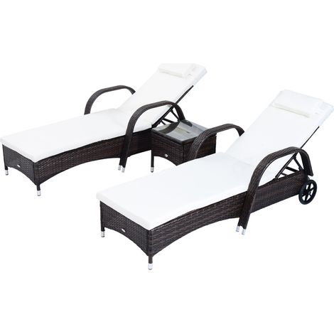 Outsunny 3 PCS Rattan Lounger Recliner Bed Garden Furniture Set w/ Side Table (1/5)