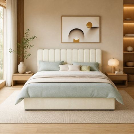 Letto matrimoniale 160x200 cm velluto beige, contenitore sollevabile, senza materasso – MEUBLIV (1/5)