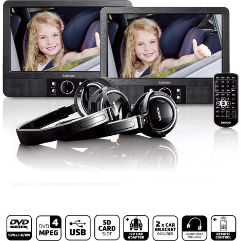 Lecteur dvd double ecran 9 pouces avec supports et casque noir (1/5)