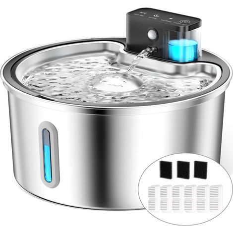 Fuente inalámbrica para gatos con sensor de movimiento, batería de 4200 mAh, fuente para gatos de acero inoxidable de 3,2 L con bomba de agua silenciosa, LED, con 6 filtros de carbón activado