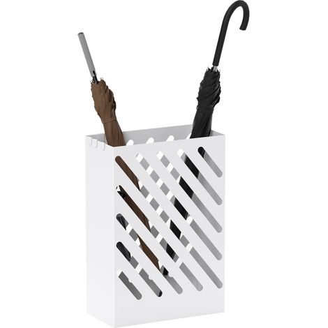 Paragüero de Acero Galvanizado Soporte de Paraguas Estrecho con Bandeja de Goteo Extraíble 4 Ganchos 28x14x41 cm Blanco (1/5)