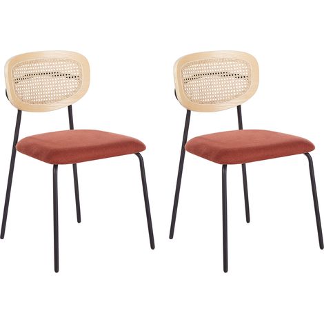 Conjunto de 2 sillas de comedor modernas trenza vienesa respaldo de ratán asiento de poliéster sin reposabrazos patas negras naranja Mayetta