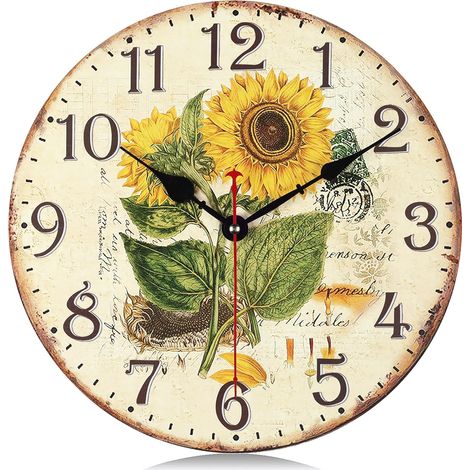 Horloge murale en bois jaune tournesol, silencieuse (12 pouces), à piles, style vintage shabby chic, rustique, idéale pour la cuisine ou la ferme.