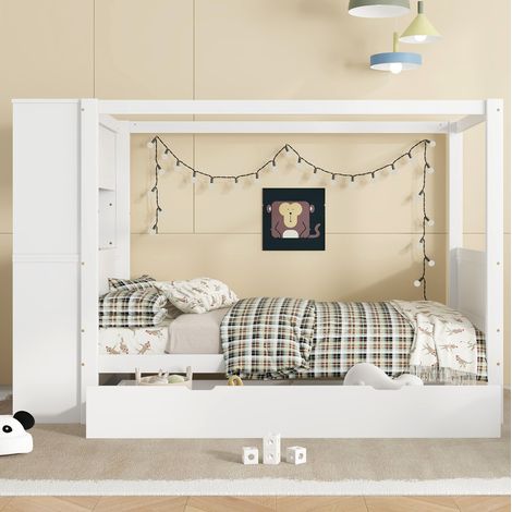 Lit enfant 90x200 cm en bois blanc avec rangements et espace bureau (1/5)