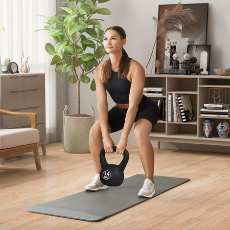 14 kg Kettlebell, sandgefüllt, mit breitem, rutschfestem Griff für das Training, 26 x 18 x 32 cm, Schwarz