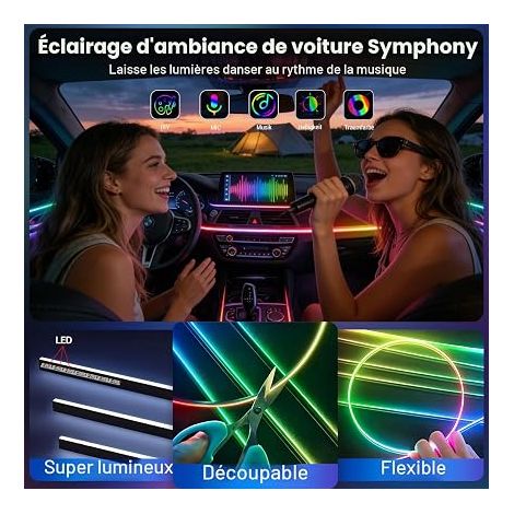 Éclairage intérieur de voiture, 56 cm de bandes LED néon en fibre optique acrylique colorées, éclairage d'ambiance décoratif universel avec rythme synchronisé à la musique, contrôle par (1/4)