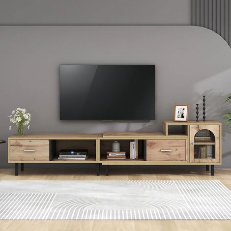 Erweiterbarer TV-Schrank in Holzoptik - 4 Fächer, 2 Schubladen, Glastür, Variabler Längenbereich 200cm-278cm