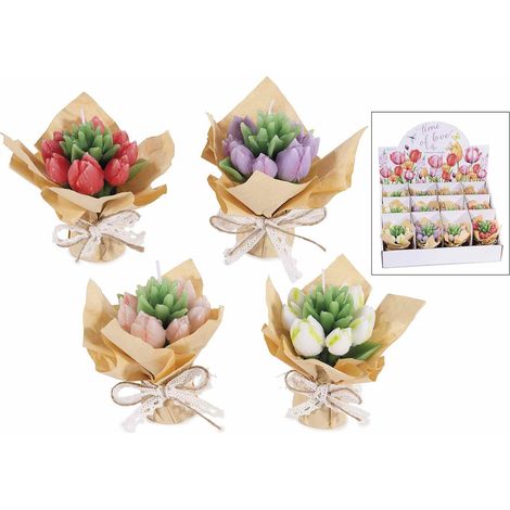 Candele a bouquet di tulipani con carta regalo e nastro in espositore da 12 pezzi, set da 12 pezzi, Candela: cm 9,5x7,5x12 H