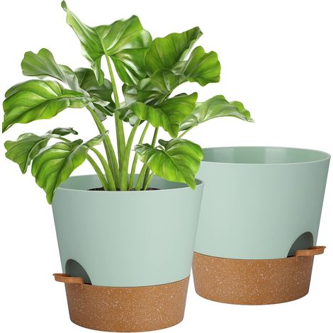 Set aus 2 Blumentöpfen aus Kunststoff mit automatischem Bewässerungssystem, moderner Stil, geeignet für den Innen-, Balkon- oder Gartengebrauch, für Pflanzen, Sukkulenten und Kakteen (grün), 18 cm × 1