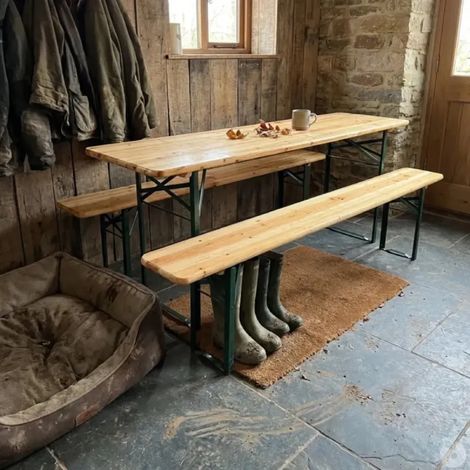Lot de 2 Sets brasserie : 2 Tables pin pliable 177 cm avec 4 Bancs pliants