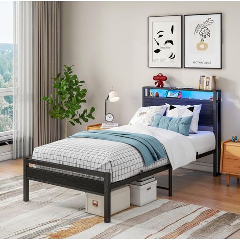 Lit enfant 90x200 cm avec rangement, USB-C et LED, tête de lit à niches, structure en métal MDF noir (1/5)