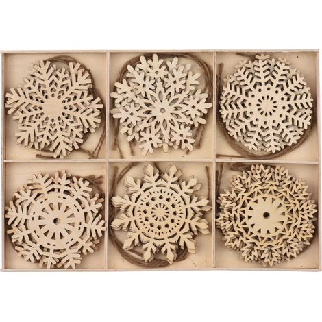 Juego de 24 adornos navideños de madera con forma de copo de nieve. Colgantes decorativos de madera sin acabado, listos para pintar, con 24 cordones de cáñamo y una bandeja para guardarlos. (1/5)