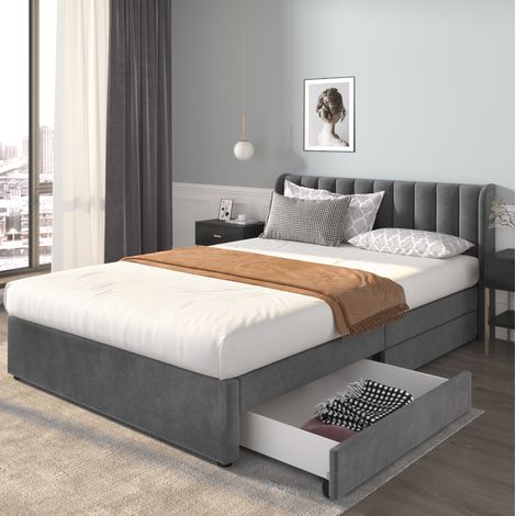 Lit avec tiroirs 160x200 tête de lit velours gris HAVRYA (1/5)