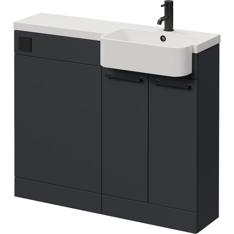 Napoli 250 Gloss Grey 1000mm 2 Door Vanity Unit Toilet Suite with Right Hand Round Rico Semi Recessed Basin - 1000mm - Matt Black 160mm HandleWithout Kingston Toilet Pan