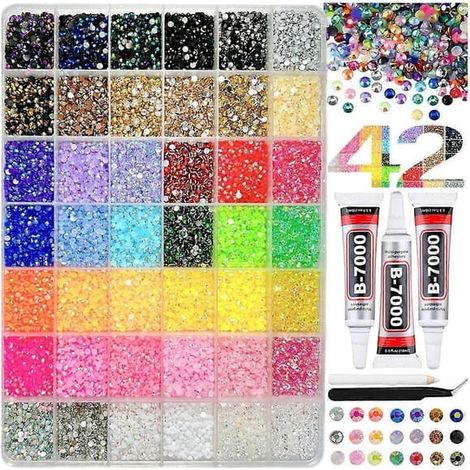Kit de strass en résine multicolores de 3 mm, 42 couleurs différentes, avec colle pour bijoux B7000. (1/5)