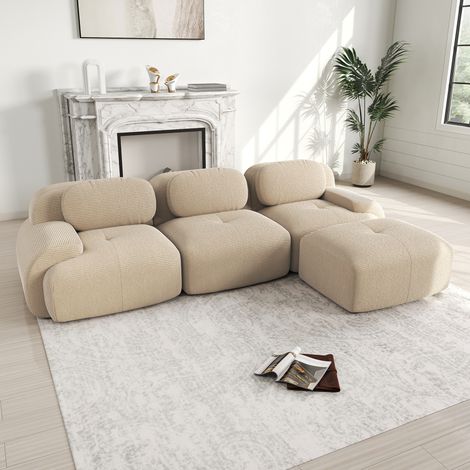 Divano angolare in velluto a coste, divano modulare con 1 poggiapiedi, schiuma ad alta resilienza 32D, braccioli larghi, non necessita di montaggio - Beige, 3 posti