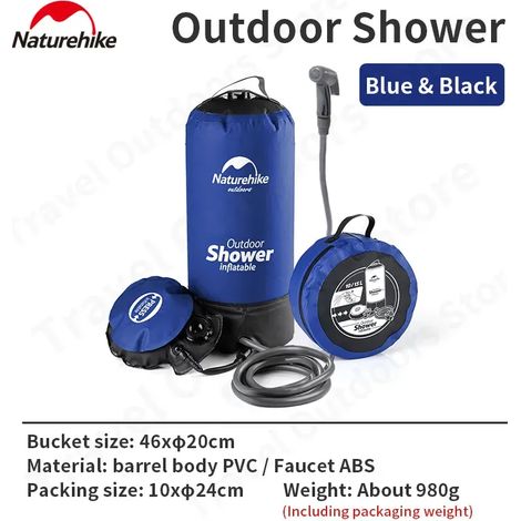 Sac de douche d'extérieur (bleu et noir) 11 L, grande capacité, en PVC ultraléger et portable, avec embout. Idéal pour le camping et la randonnée. (1/4)