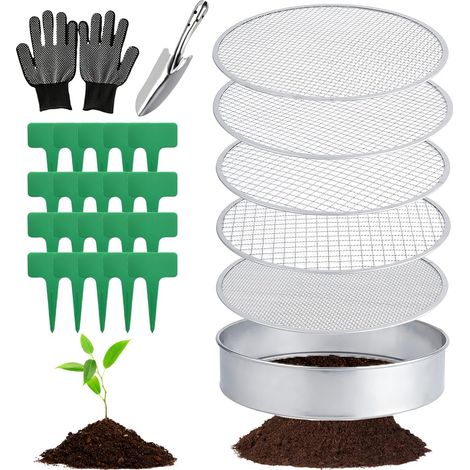 Tamis de jardin rond 5 en 1 en acier inoxydable de 30 cm, avec 5 tamis interchangeables de 3,6, 9, 10,12 mm, tamis à compost rond en métal, avec pelle de jardin et 20 étiquettes pour plantes, 1 paire (1/5)