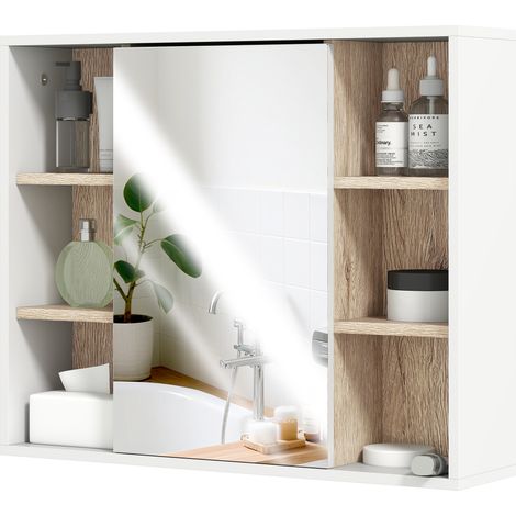 Armoire de toilette avec miroir en MDF et panneau de particules, 3 étagères latérales et 1 étagère intérieure réglable, 60x14,5x49,4 cm (1/5)
