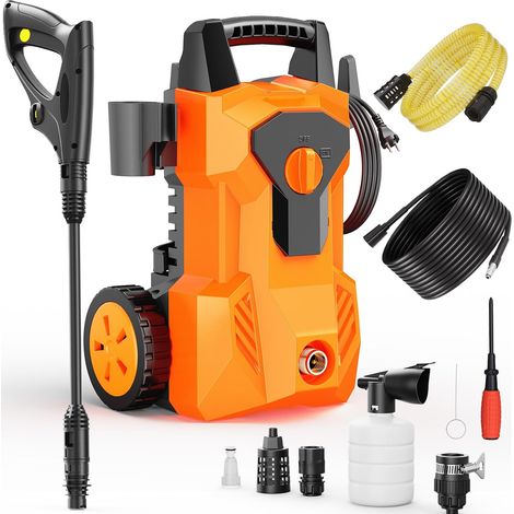 Nettoyeur Haute Pression, Max. 140 Bar, Puissance 1600 W, Débit de 420 l/h, avec Buse Réglable, Pistolet, 8M Tuyau, 2M câble, Pot en Mousse pour Voiture Terrasse Jardin Irrigation (1/5)