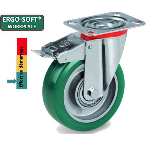 Roulette pivotante à frein diamètre 100 mm polyuréthane vert ERGO-SOFT®  - 200Kg (1/2)