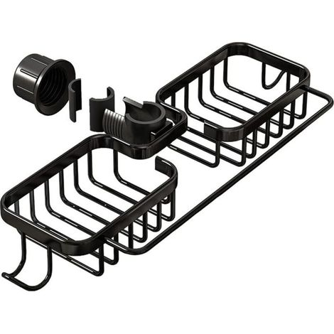 Black double shower shelf 36 x 13 x 3.9 cm, 1 aluminum shower soap dish, no drilling required, kitchen drain basket (1/4)