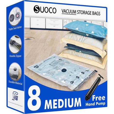 sacs sous vide vetements avec pompe, 8 moyens, housse de compression de rangement sous vide pour vêtements, voyage, déménagement (1/5)