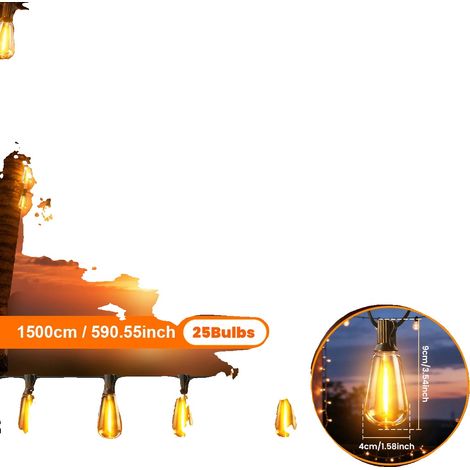 Guirnalda de luces LED solares, brillo ajustable, diseño resistente a la intemperie, 15 m, 25 bombillas. (1/2)